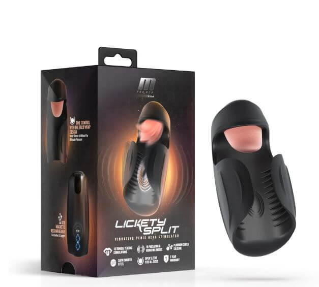 M for Men Lickety Split Black vibrating penis stimulator with box, featuring 10 modes for enhanced pleasure and satisfaction.