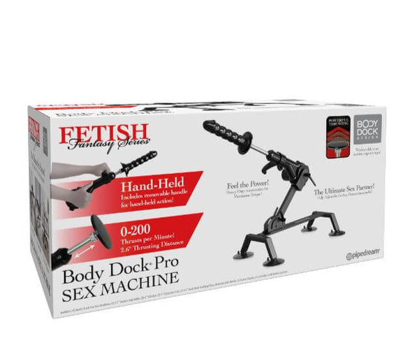 Packaging of Fetish Fantasy Body Dock Pro Sex Machine with adjustable thrusting power and multi-speed control in black.