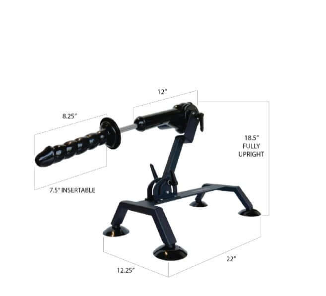 Fetish Fantasy Body Dock Pro Sex Machine with suction feet and adjustable thrust, dimensions labeled for size reference.