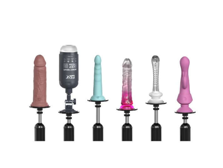 Various attachments for Fetish Fantasy Body Dock Pro Sex Machine, showcasing diverse shapes and colors.