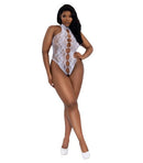 Model wearing Dreamgirl Peek a Boo Madame Teddy White Queen Size, featuring peek-a-boo cutouts and a flattering fit.
