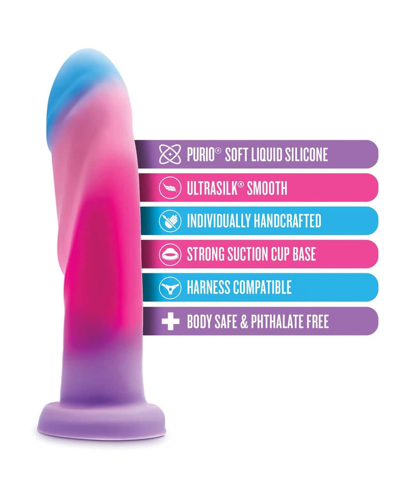 Avant Borealis Dreams Cotton Candy Dildo with soft silicone and smooth texture displayed alongside product features.