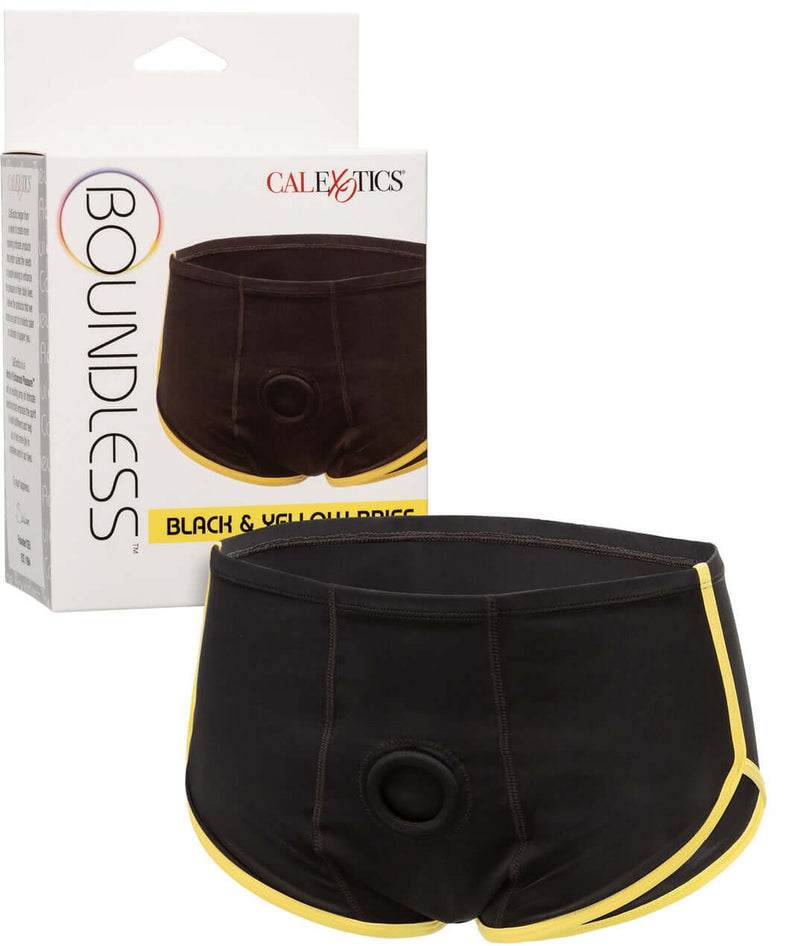 Boundless™ Black & Yellow Brief 2X/3X by Calexotics - Comfortable, discreet harness with reinforced O-ring in its packaging.