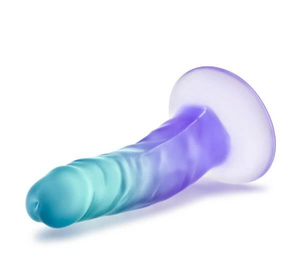 B Yours Morning Dew 5" dildo in indigo with gradient color, featuring a realistic design and sturdy suction cup base.