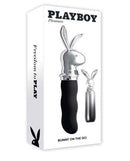 Playboy Bunny on the Go Rabbit Head Mini Vibrator Black in packaging, featuring sleek design and travel-friendly features.