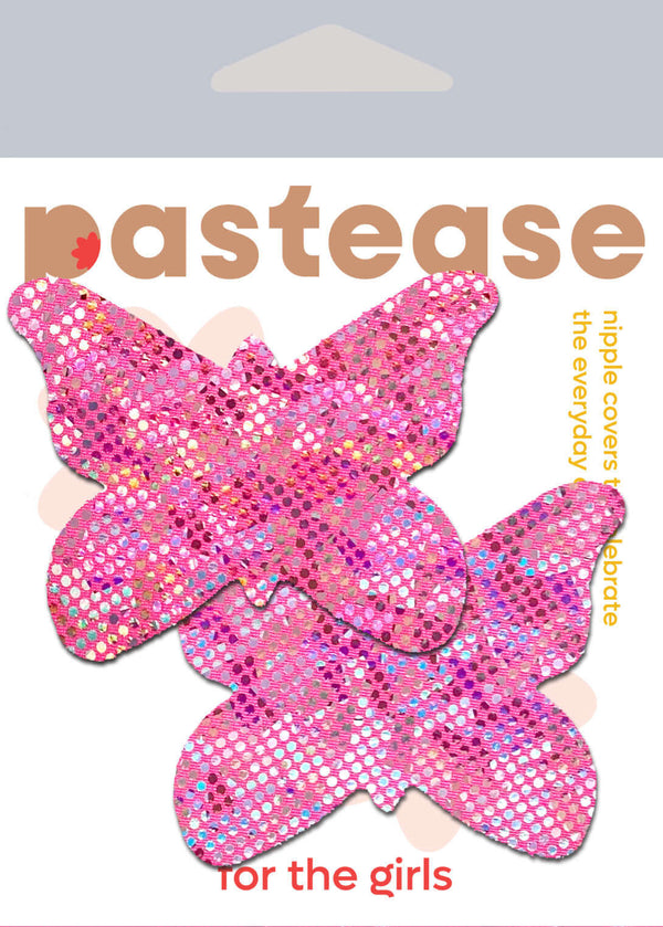 Pastease Butterfly Shattered Disco Ball Pink Pasties packaging featuring glittery butterfly nipple covers.