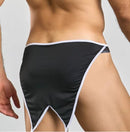 Black men's underwear with a unique design featuring contrast trim, shown from the rear view.