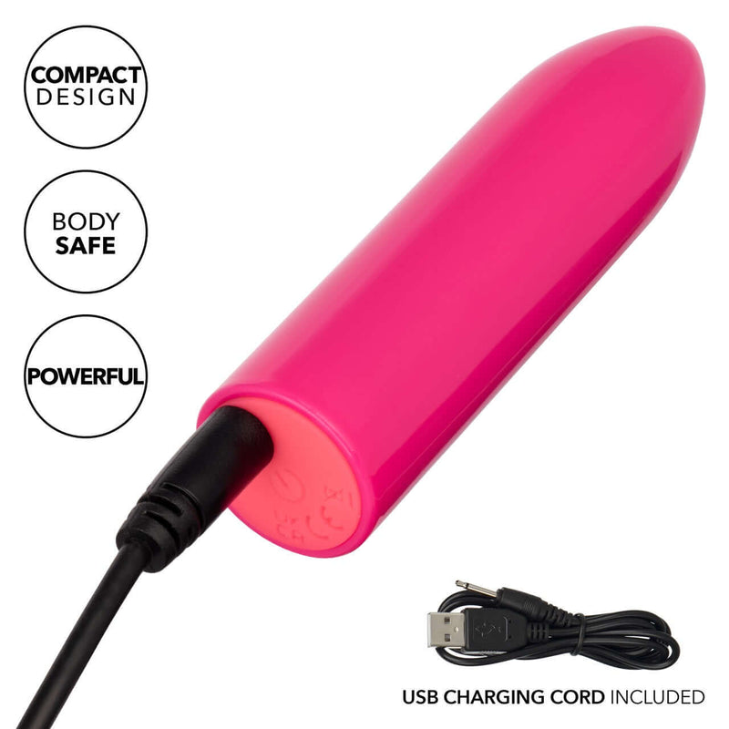 Pink Turbo Buzz™ Classic Bullet vibrator with USB charging cord, featuring a compact design, body-safe material, and powerful vibrations.