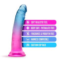 B Yours Beautiful Sky 7.5" dildo showcasing gradient design, soft realistic feel, and suction cup base features.