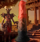 CREATURE COCKS Centaur Silicone Dildo with suction cup base in orange, copper, and black, next to a warrior in an ancient setting.