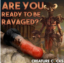 Centaur silicone dildo by Creature Cocks with warrior background and "Are you ready to be ravaged?" text.