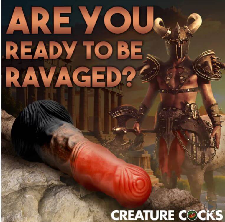 Centaur silicone dildo by Creature Cocks with warrior background and "Are you ready to be ravaged?" text.