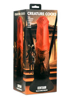 CREATURE COCKS Centaur Silicone Dildo in packaging with orange, copper, and black colors, featuring realistic design and suction cup base.