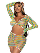 2 Pc Zig Zag Net Crop Top and Mini Dress One Size Green worn by a model showcasing its vivid colors and design features.