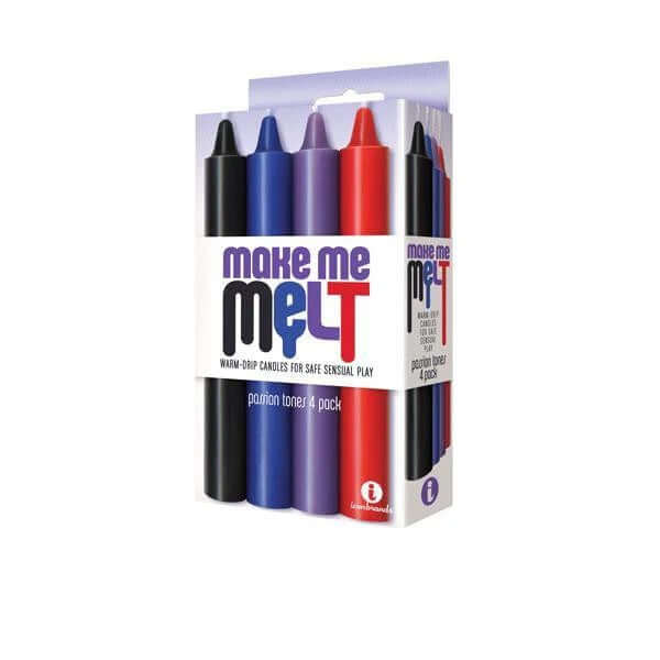 9'S Make Me Melt Candle Pastellines pack of four in black, blue, purple, and red, designed for erotic wax play and BDSM fun.