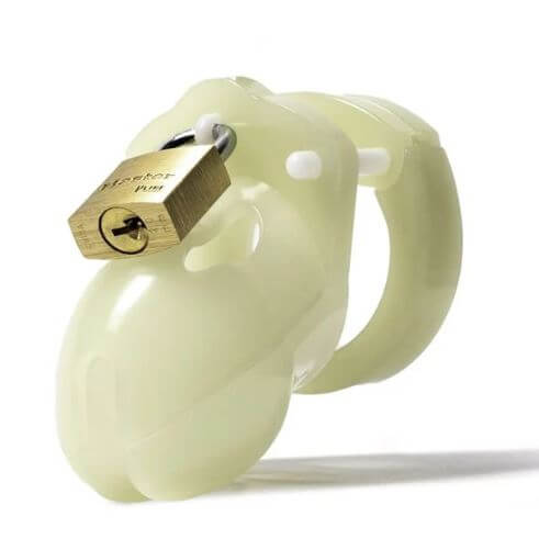 Glow-in-the-dark chastity cage with lock from Mr. Stubb, featuring a compact 1.75-inch design for discreet wear and control.