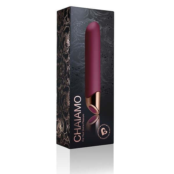 Chaiamo Rechargeable Burgundy Silicone Vibrator in elegant packaging for intense sensual pleasure.