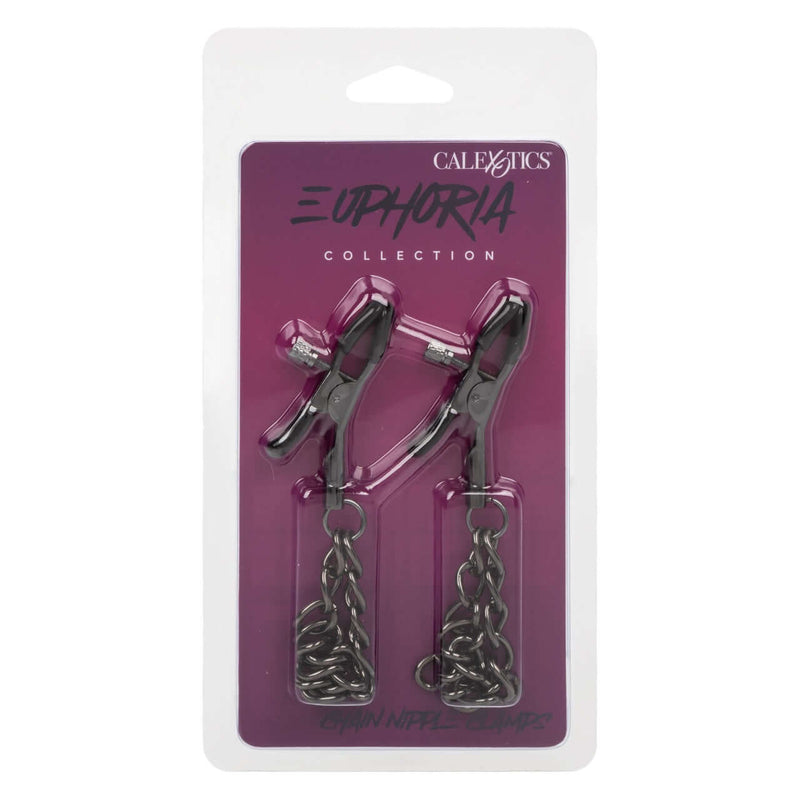 Euphoria Chain Nipple Clamps with dual chains in packaging - fully adjustable, soft-padded for comfort, perfect for enhanced sensory play.