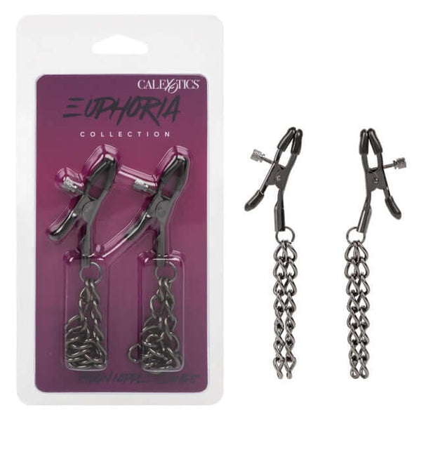 Euphoria Chain Nipple Clamps - Adjustable, Soft-Padded with Dual Chains packaging and product display