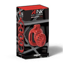 Kinky Chastity Crimson Cock Cage Small Red packaging featuring a red chastity device and rings for adjustable sizing.