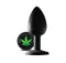 Small black silicone anal plug with cannabis leaf charm, designed for beginners.