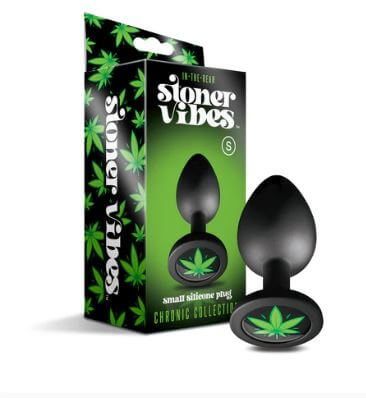 Small Stoner Vibes silicone anal plug with cannabis charm and packaging, part of the Chronic Collection, designed for beginners.