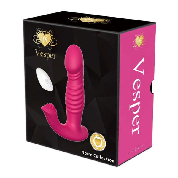 Vesper Multi-Function Vibe in Pink packaging showcasing artistic design and remote control for enhanced pleasure.