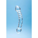 Clarity Celestial Bliss Glass Dildo displayed against a blue background, highlighting its elegant design and dual-ended form.