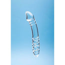 Clarity Celestial Desire Glass Dildo showcasing its elegant design and texture against a blue background.