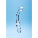 Clarity Celestial Zenith Glass Dildo displayed on a reflective surface against a blue background.