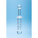 Clarity Elysian Swirl Glass Dildo, a handblown glass dildo with a spiral-textured shaft on a blue background.