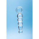 Clarity Heras Tryst Glass Dildo on a blue background, showcasing its handcrafted design and elegant shape.