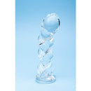 Clarity Seraphic Braid Glass Dildo displayed against a blue background, showcasing its spiral-textured design and sleek glass finish.