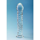 Clarity Seraphic Ripple Glass Dildo with wave-like ridges for pleasurable stimulation on a blue background.