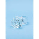 Clarity Utopian Bloom Glass Plug displayed on a blue background, showcasing its intricate handcrafted design.
