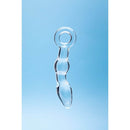 Clarity Utopian Mystique Glass Dildo displayed against a blue background, highlighting its elegant design and ribbed texture.