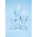 Clarity Utopian Trinity Glass Plug Set showcasing three elegant glass plugs on a blue background.