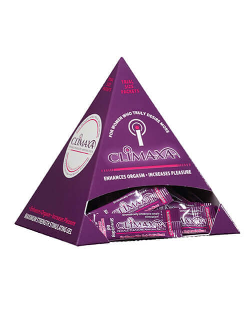 Climaxa Pleasure Amplification Gel pyramid display for women, enhances orgasms and increases pleasure with 50 packets.