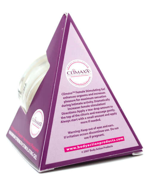 Climaxa Pleasure Amplification Gel packaging in a pyramid display, designed for enhancing female intimacy and pleasure.