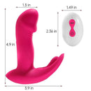 Litty Clitty wearable vibrator with ergonomic design and remote control showcasing dimensions and measurement details.