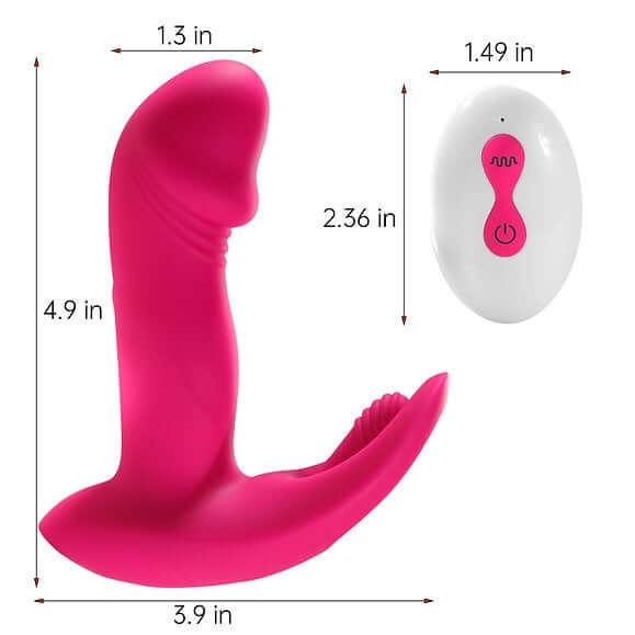 Litty Clitty wearable vibrator with ergonomic design and remote control showcasing dimensions and measurement details.