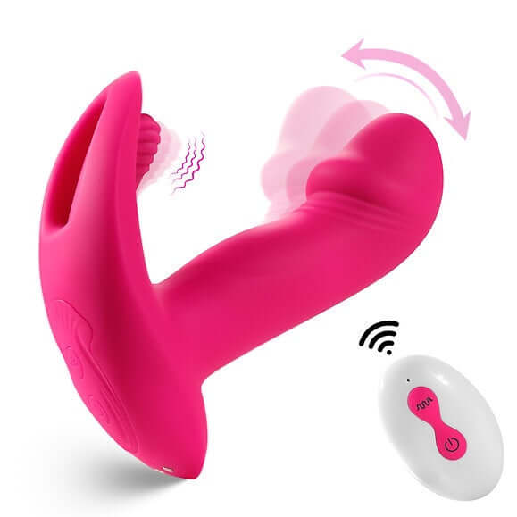 Litty Clitty wearable vibrator in pink with remote control, featuring advanced ergonomic design and 10 vibration modes for discreet pleasure