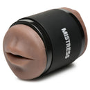 Mistress Double Shot Mouth and Pussy Stroker Dark, showcasing realistic mouth entrance for added pleasure.
