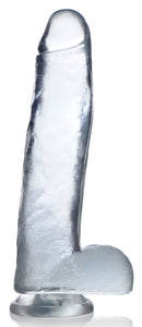 Jock C-Thru 11 Inch Realistic Suction Cup Dildo Clear displayed prominently, showcasing its detailed realistic design.