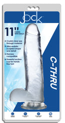 Jock C-Thru 11 Inch Realistic Suction Cup Dildo Clear packaging showcasing its lifelike design and suction capabilities.