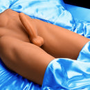 Jock Poseable Torso with Thrusting Dildo, featuring a realistic body and silicone dildo on satin fabric.