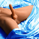 Jock Poseable Torso with Thrusting Dildo featured on silky blue fabric for enhanced sensual experience.