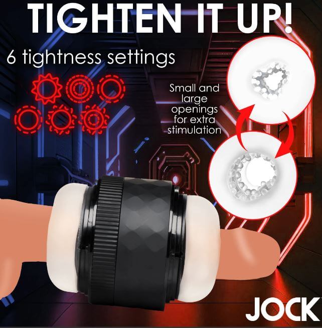JOCK Tightening Masturbator with 6 adjustable tightness settings for customized pleasure and extra stimulation.