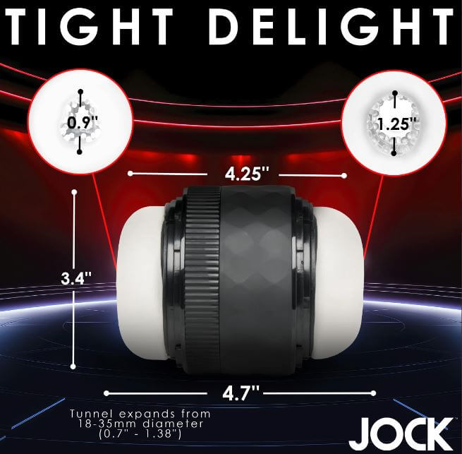 JOCK Tightening Masturbator dimensions and adjustable fit display with 0.9" to 1.25" settings for maximum pleasure.