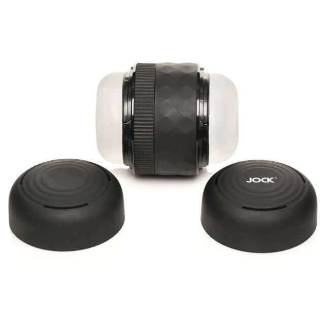 JOCK Tightening Masturbator with adjustable fit and black caps, offering customized pleasure and maximum stimulation.